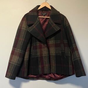 Laundry by Shelli Segal Black Burgundy Brown Plaid Pea Coat Jacket